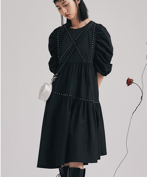 Studded Puff Sleeve Flare Dress